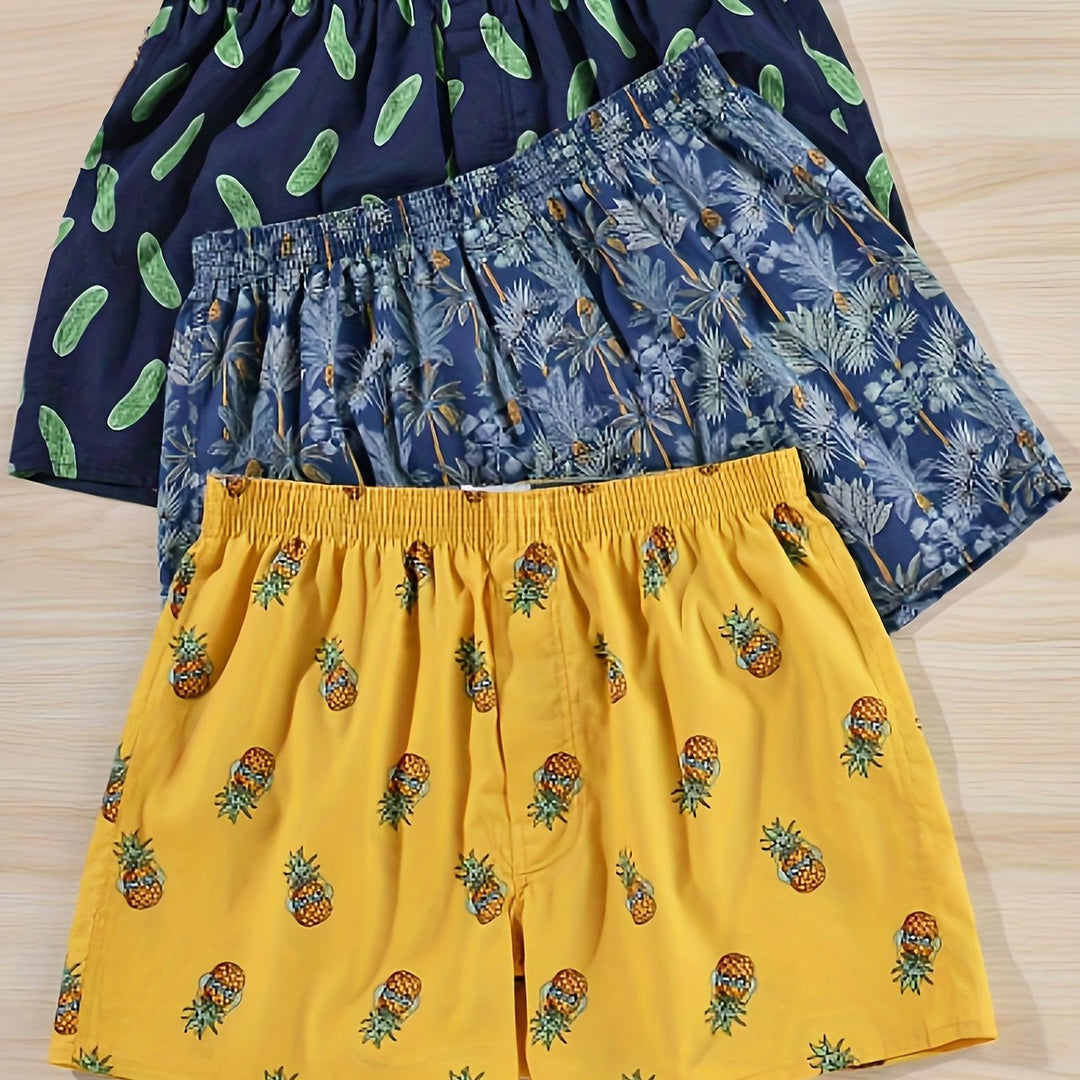 "Men's 100% cotton boxers with modern plant print, showcasing stylish comfort and breathability for daily wear."