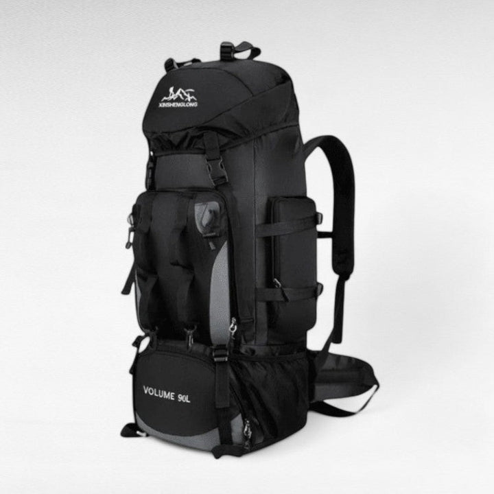 "Men's 90L waterproof hiking backpack, lightweight, durable, with ergonomic straps and multiple compartments, in blue color."