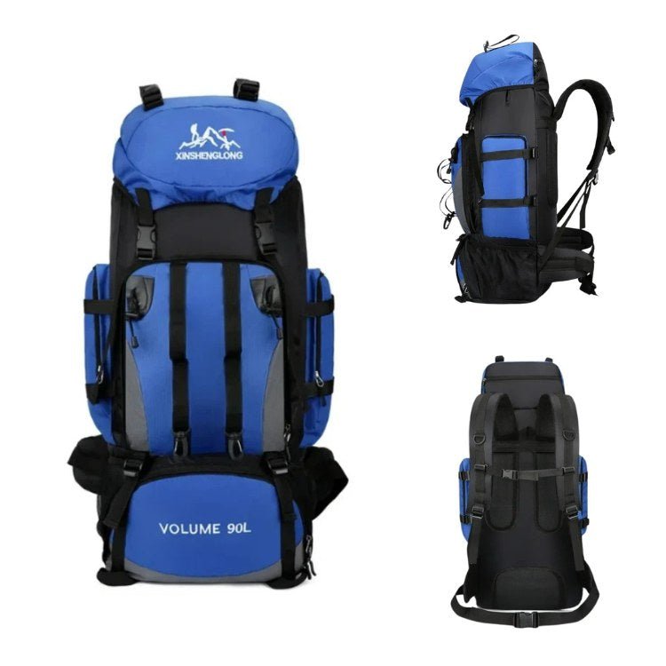 "Men's 90L waterproof hiking backpack, lightweight, durable, with ergonomic straps and multiple compartments, in blue color."