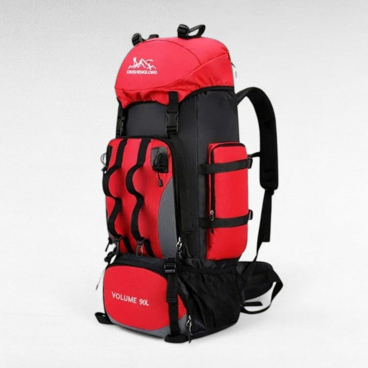 "Men's 90L waterproof hiking backpack, lightweight, durable, with ergonomic straps and multiple compartments, in blue color."