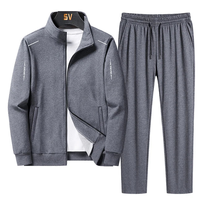 Men's athletic tracksuit set with zip-up jacket and joggers, black design, perfect for workouts and casual outings.