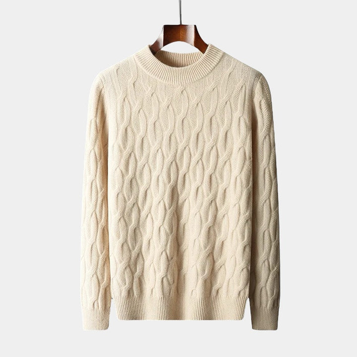 "Men's beige cashmere polo sweater, 100% cashmere, elegantly tailored, ultra-soft texture, versatile for all occasions."