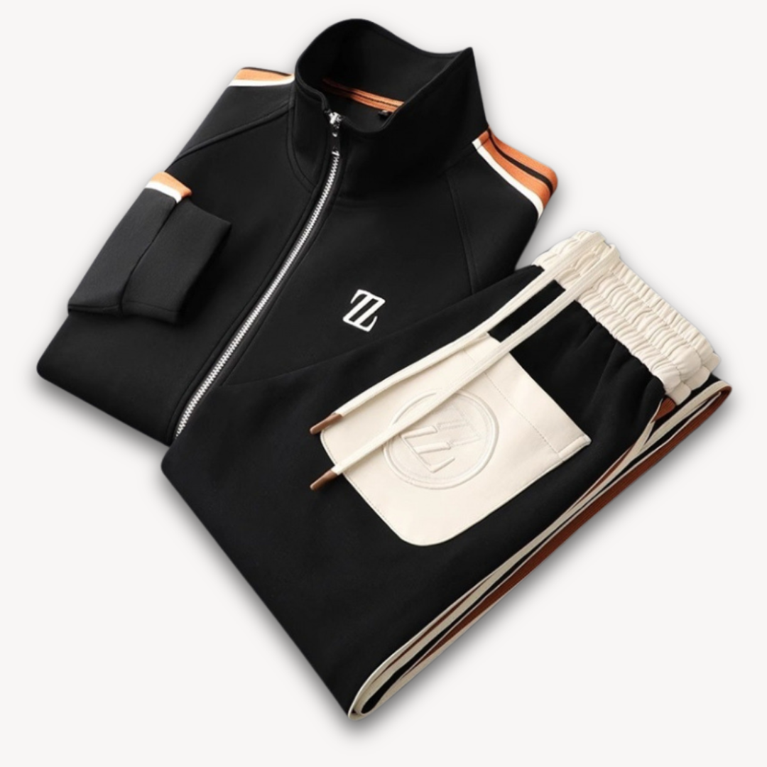 Men's beige tracksuit set with contrast stripes, featuring a slim fit, ribbed cuffs, and elastic waist, perfect for casual st