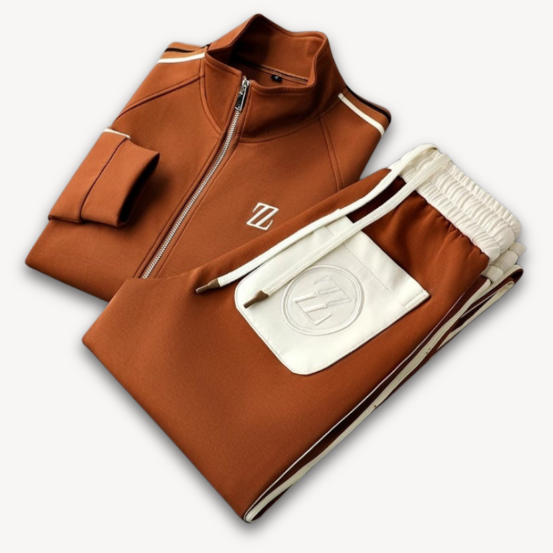 Men's beige tracksuit set with contrast stripes, featuring a slim fit, ribbed cuffs, and elastic waist, perfect for casual st