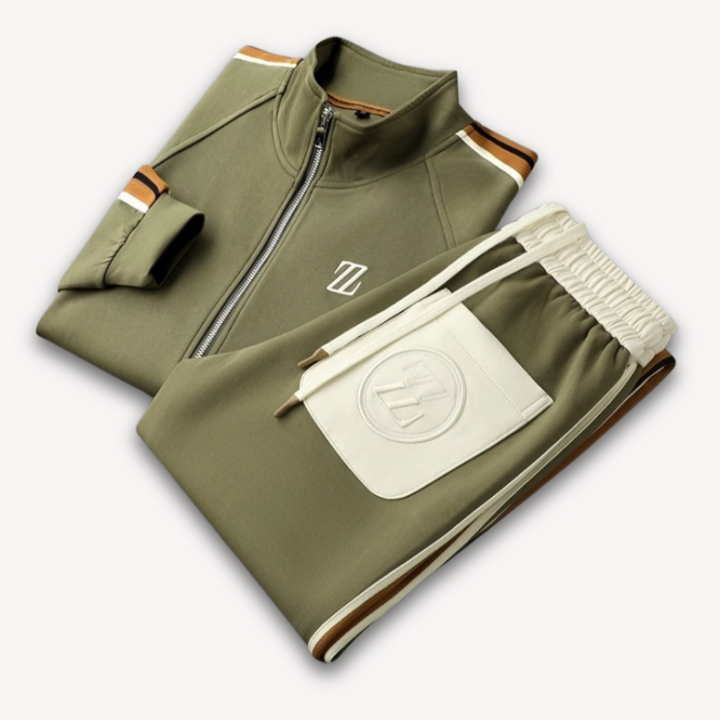 Men's beige tracksuit set with contrast stripes, featuring a slim fit, ribbed cuffs, and elastic waist, perfect for casual st