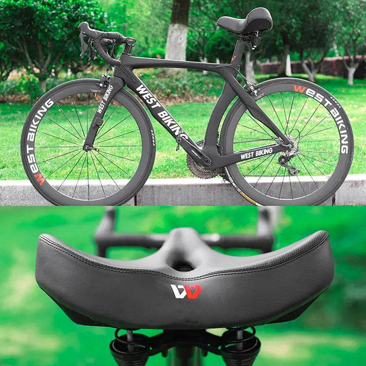 "Men's bike saddle with wide seat, ergonomic design, memory foam padding, black synthetic leather, and universal fit compatib