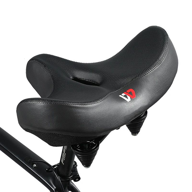 "Men's bike saddle with wide seat, ergonomic design, memory foam padding, black synthetic leather, and universal fit compatib