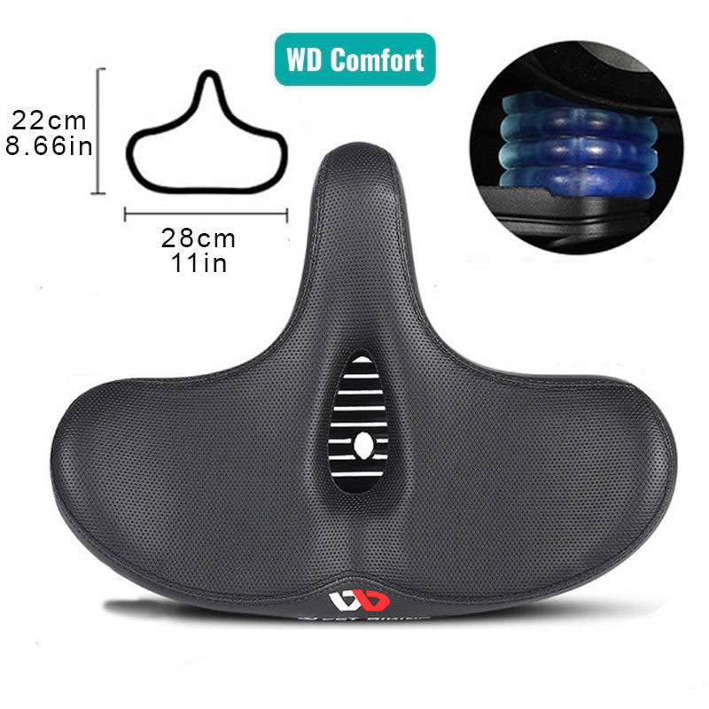 "Men's bike saddle with wide seat, ergonomic design, memory foam padding, black synthetic leather, and universal fit compatib