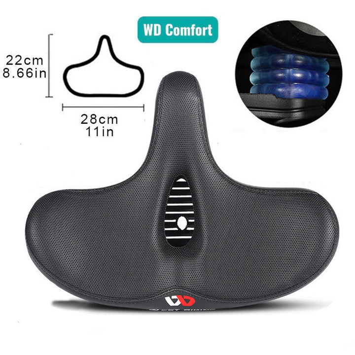 "Men's bike saddle with wide seat, ergonomic design, memory foam padding, black synthetic leather, and universal fit compatib
