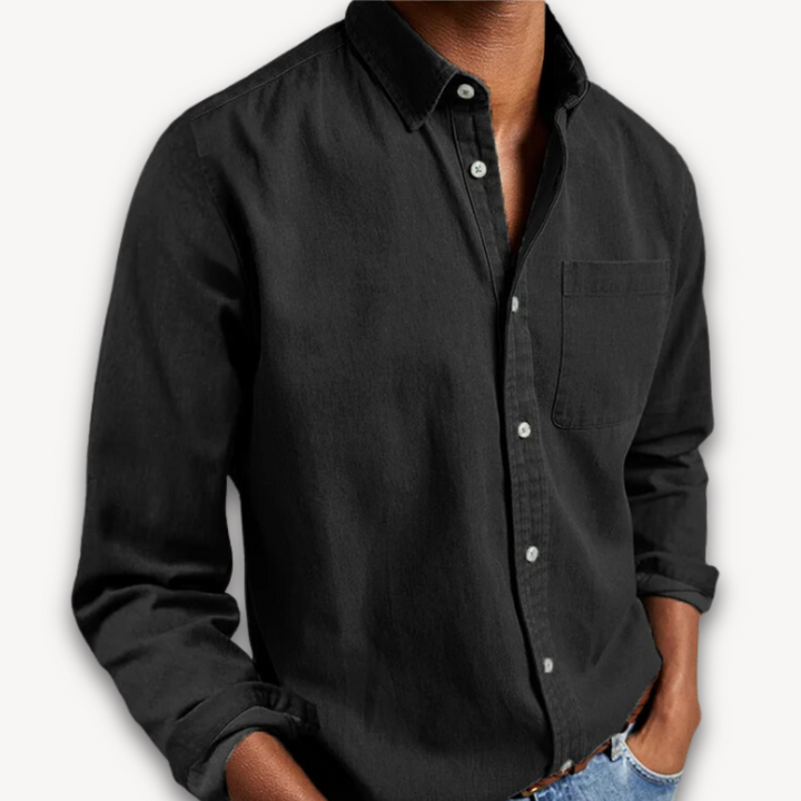"Men's black cotton button-up long sleeve shirt, casual style with tailored fit, perfect for versatile, elegant outfits."