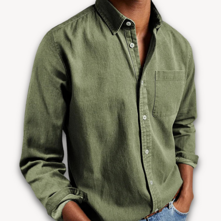 "Men's black cotton button-up long sleeve shirt, casual style with tailored fit, perfect for versatile, elegant outfits."