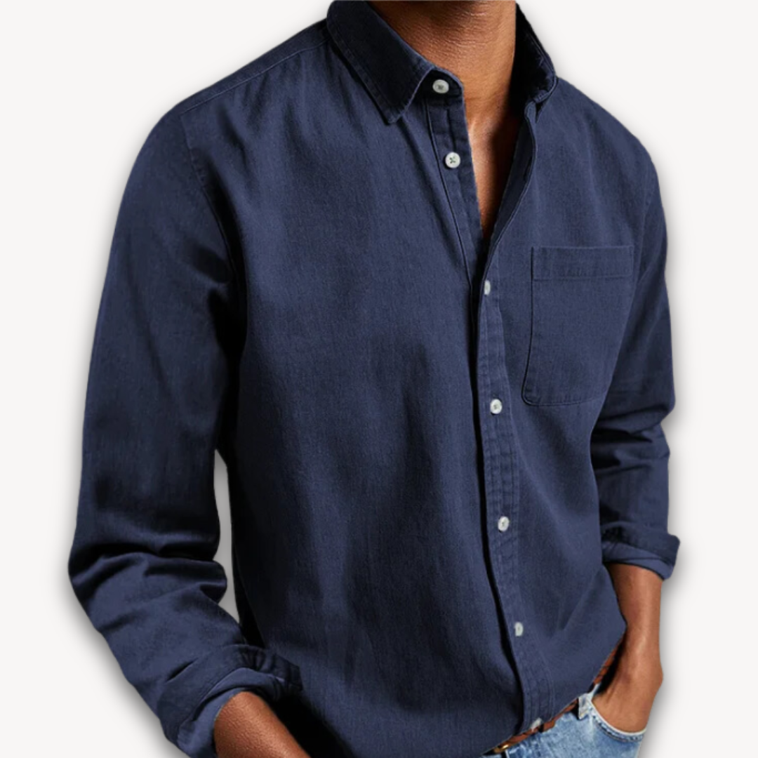 "Men's black cotton button-up long sleeve shirt, casual style with tailored fit, perfect for versatile, elegant outfits."