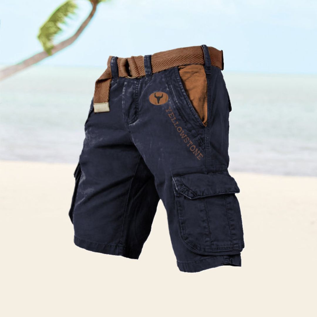 "Men's black durable utility cargo shorts with multiple pockets for outdoor activities, shown in a stylish front view."