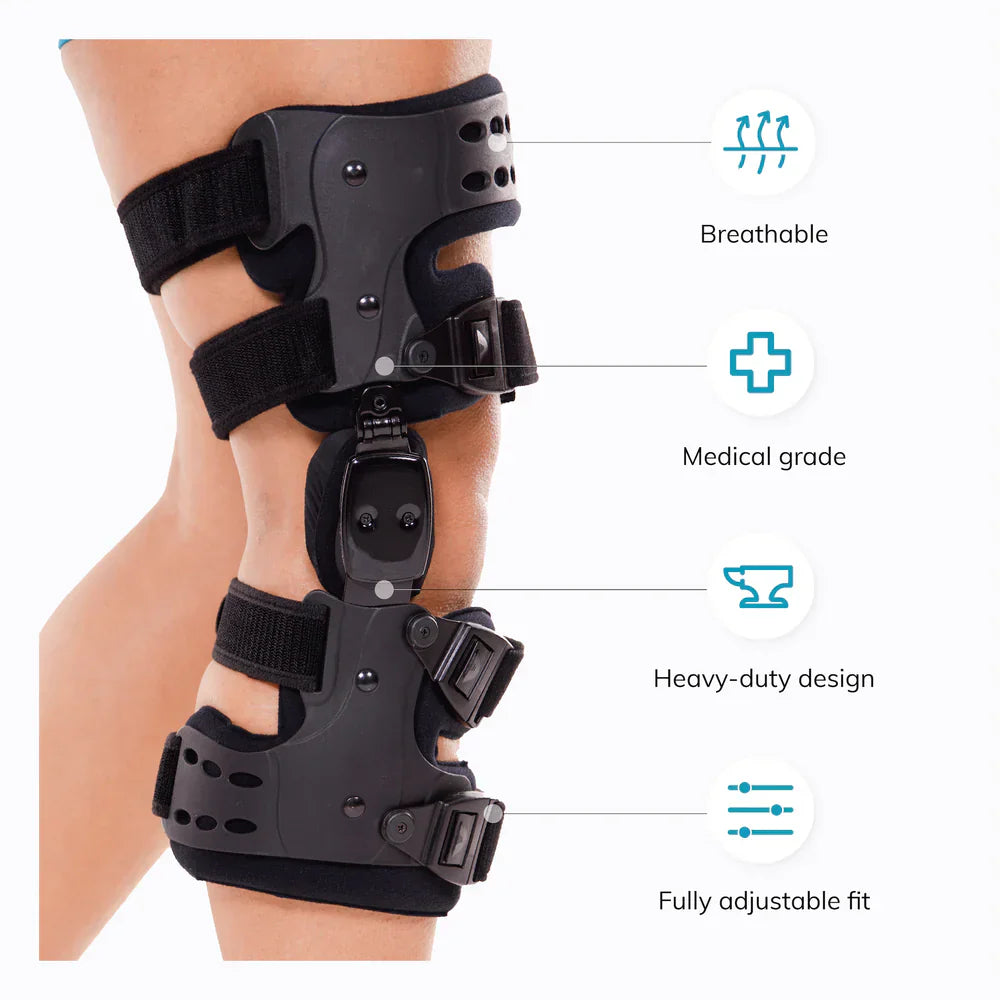 Men's black osteoarthritis unloader knee brace with adjustable straps, medial-lateral support, ideal for pain relief and mobi