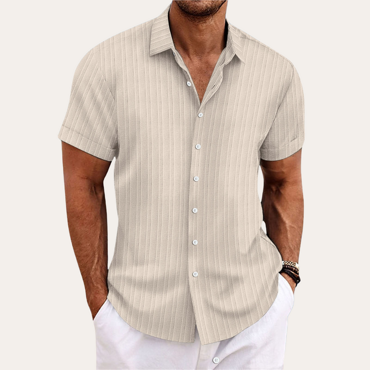 Men's blue striped cotton short-sleeve shirt, featuring a classic fit and Kent collar for a stylish, casual look.