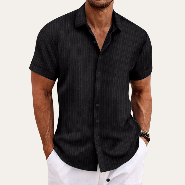 Men's blue striped cotton short-sleeve shirt, featuring a classic fit and Kent collar for a stylish, casual look.