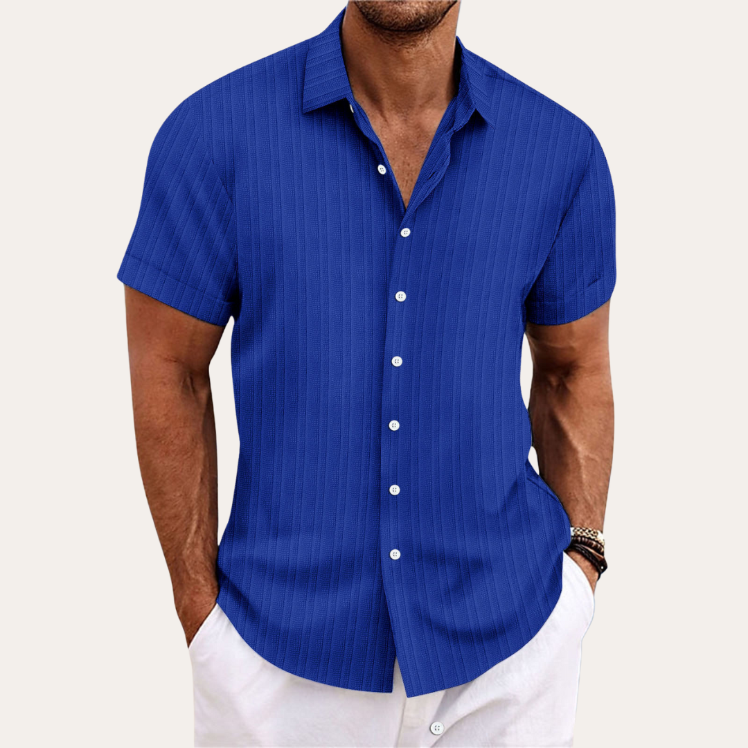 Men's blue striped cotton short-sleeve shirt, featuring a classic fit and Kent collar for a stylish, casual look.