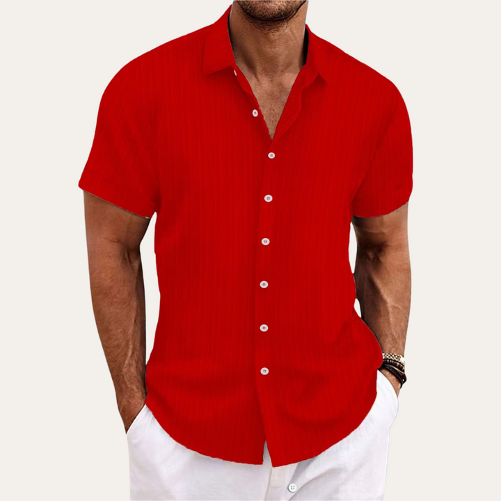 Men's blue striped cotton short-sleeve shirt, featuring a classic fit and Kent collar for a stylish, casual look.