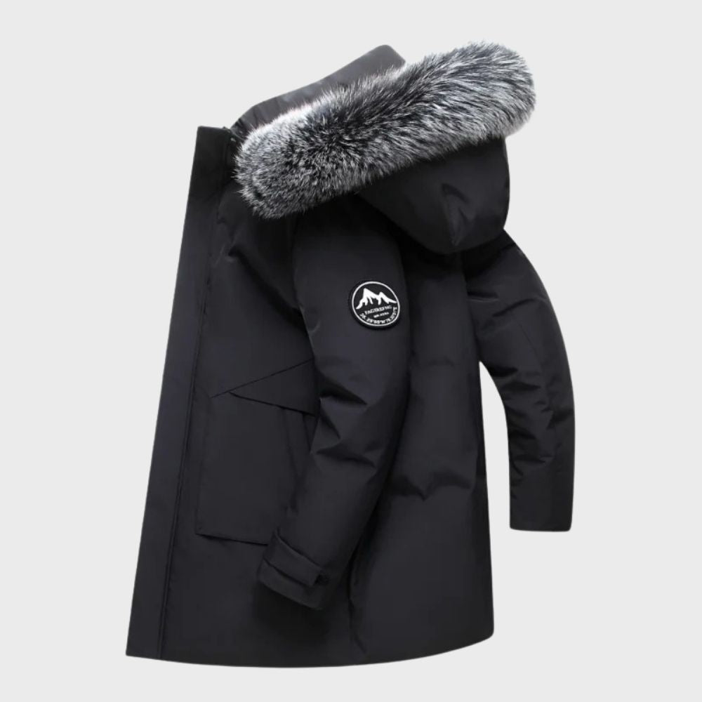 Men's blue thermal waterproof jacket with fur lining, featuring a stylish fit, ideal for winter weather protection.