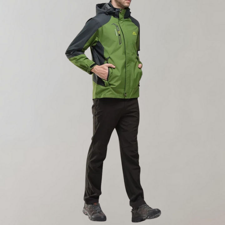 "Men's blue waterproof wind jacket for all seasons, sleek tailored fit, suitable for outdoor adventures and casual wear."