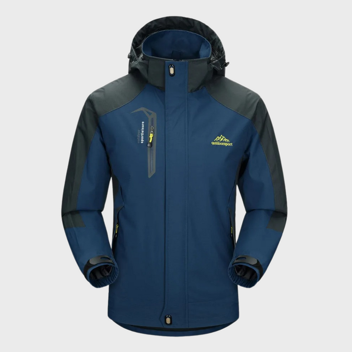 "Men's blue waterproof wind jacket for all seasons, sleek tailored fit, suitable for outdoor adventures and casual wear."
