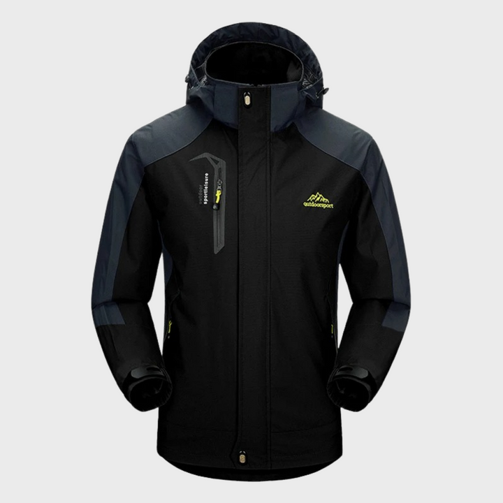 "Men's blue waterproof wind jacket for all seasons, sleek tailored fit, suitable for outdoor adventures and casual wear."
