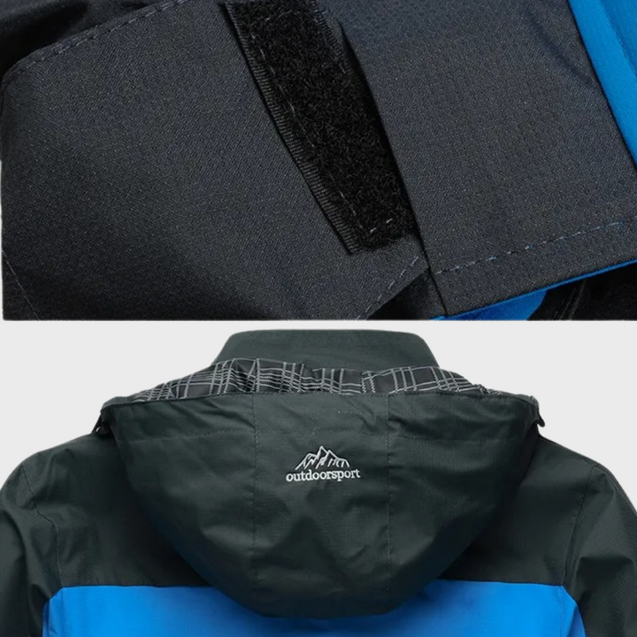 "Men's blue waterproof wind jacket for all seasons, sleek tailored fit, suitable for outdoor adventures and casual wear."