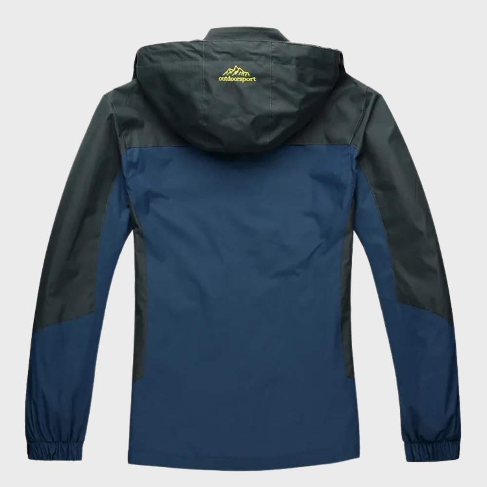 "Men's blue waterproof wind jacket for all seasons, sleek tailored fit, suitable for outdoor adventures and casual wear."