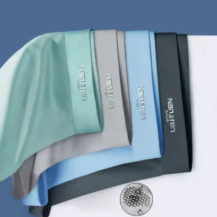 "Men's breathable boxers 4-pack, moisture-wicking, soft fabric, elastic waistband, stylish colors, comfortable fit."