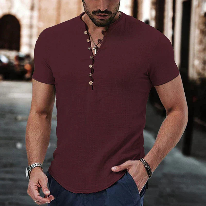 "Men's breathable linen Henley shirt, short sleeves, structured neckline, urban style, tailored fit, casual elegance."