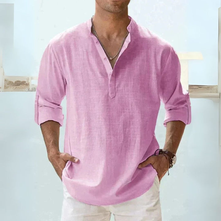 Men's breathable linen Henley shirt with long sleeves in diverse colors, offering a casual and comfortable fit for warm weath