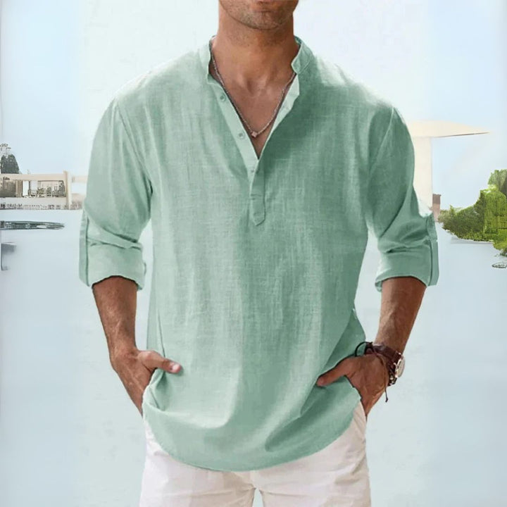 Men's breathable linen Henley shirt with long sleeves in diverse colors, offering a casual and comfortable fit for warm weath