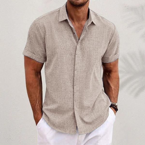 "Men's breathable linen short sleeve shirt, front view, lightweight fabric, button-up style for casual and semi-formal occasi