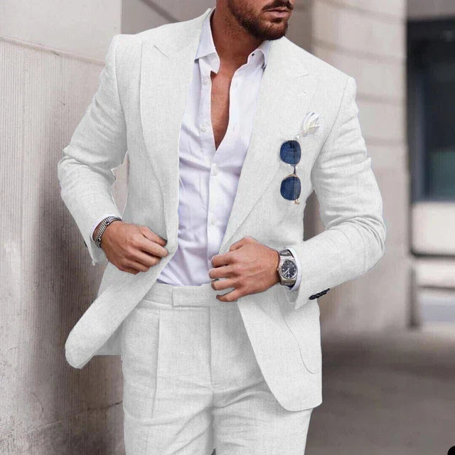 "Men's breathable linen wedding suit 2-piece set, elegant notched lapel, single-breasted design ideal for formal events."