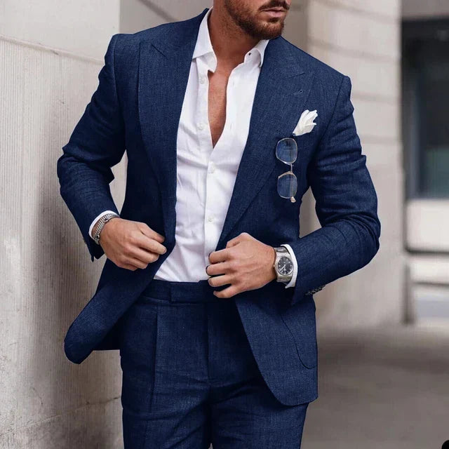 "Men's breathable linen wedding suit 2-piece set, elegant notched lapel, single-breasted design ideal for formal events."