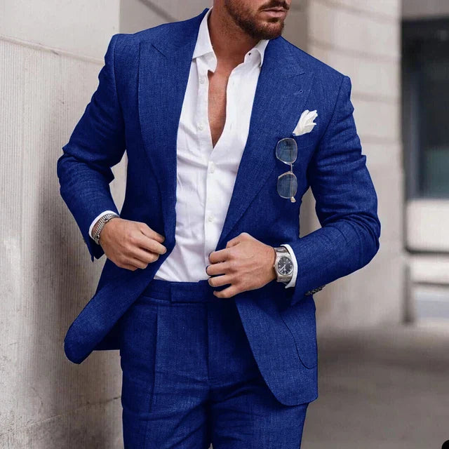 "Men's breathable linen wedding suit 2-piece set, elegant notched lapel, single-breasted design ideal for formal events."