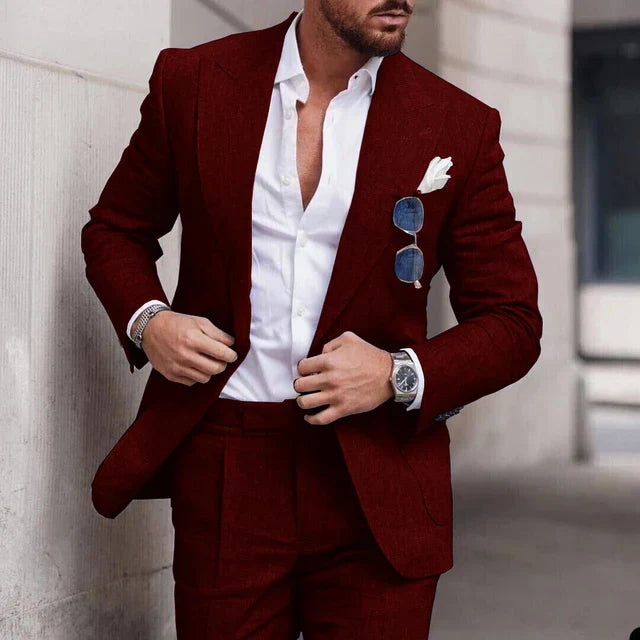 "Men's breathable linen wedding suit 2-piece set, elegant notched lapel, single-breasted design ideal for formal events."