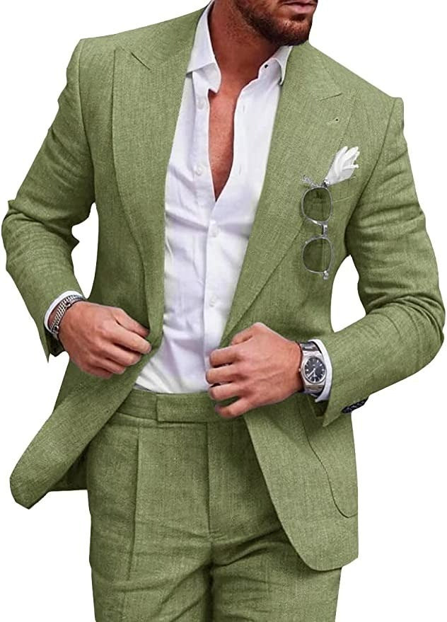 "Men's breathable linen wedding suit 2-piece set, elegant notched lapel, single-breasted design ideal for formal events."