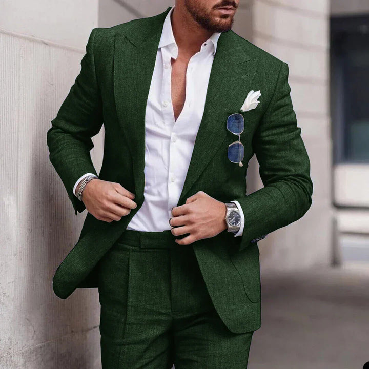 "Men's breathable linen wedding suit 2-piece set, elegant notched lapel, single-breasted design ideal for formal events."
