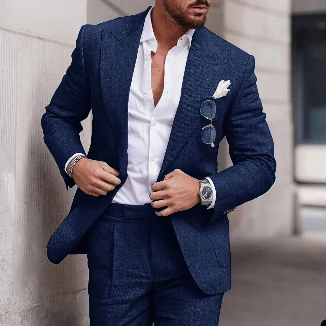 "Men's breathable linen wedding suit 2-piece set, elegant notched lapel, single-breasted design ideal for formal events."
