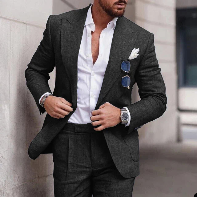 "Men's breathable linen wedding suit 2-piece set, elegant notched lapel, single-breasted design ideal for formal events."