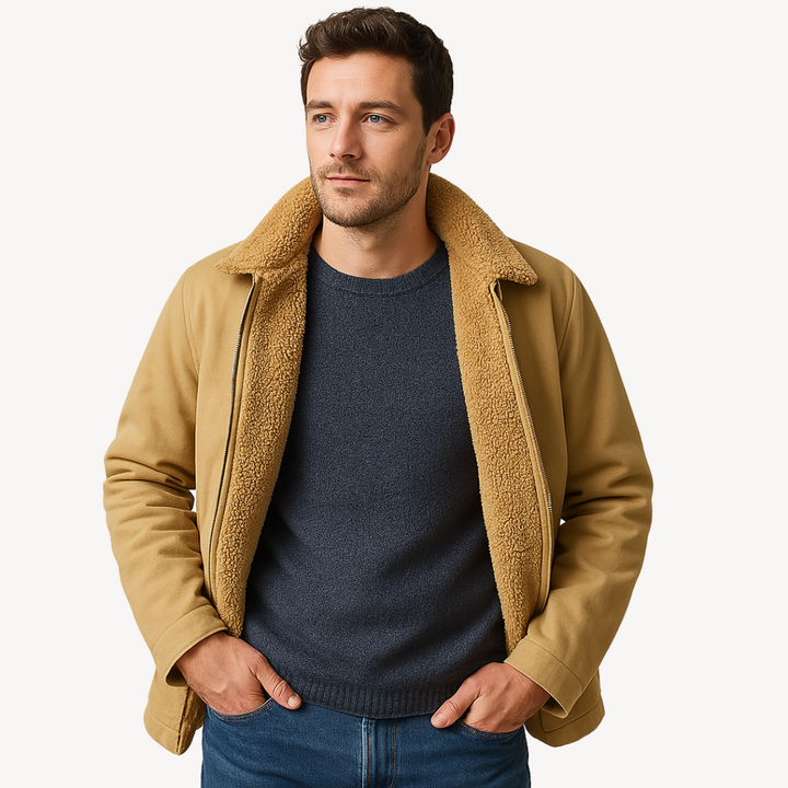 "Men's camel sherpa-lined fleece jacket, stylish winter outerwear with full-zip, wide collar, and side pockets"