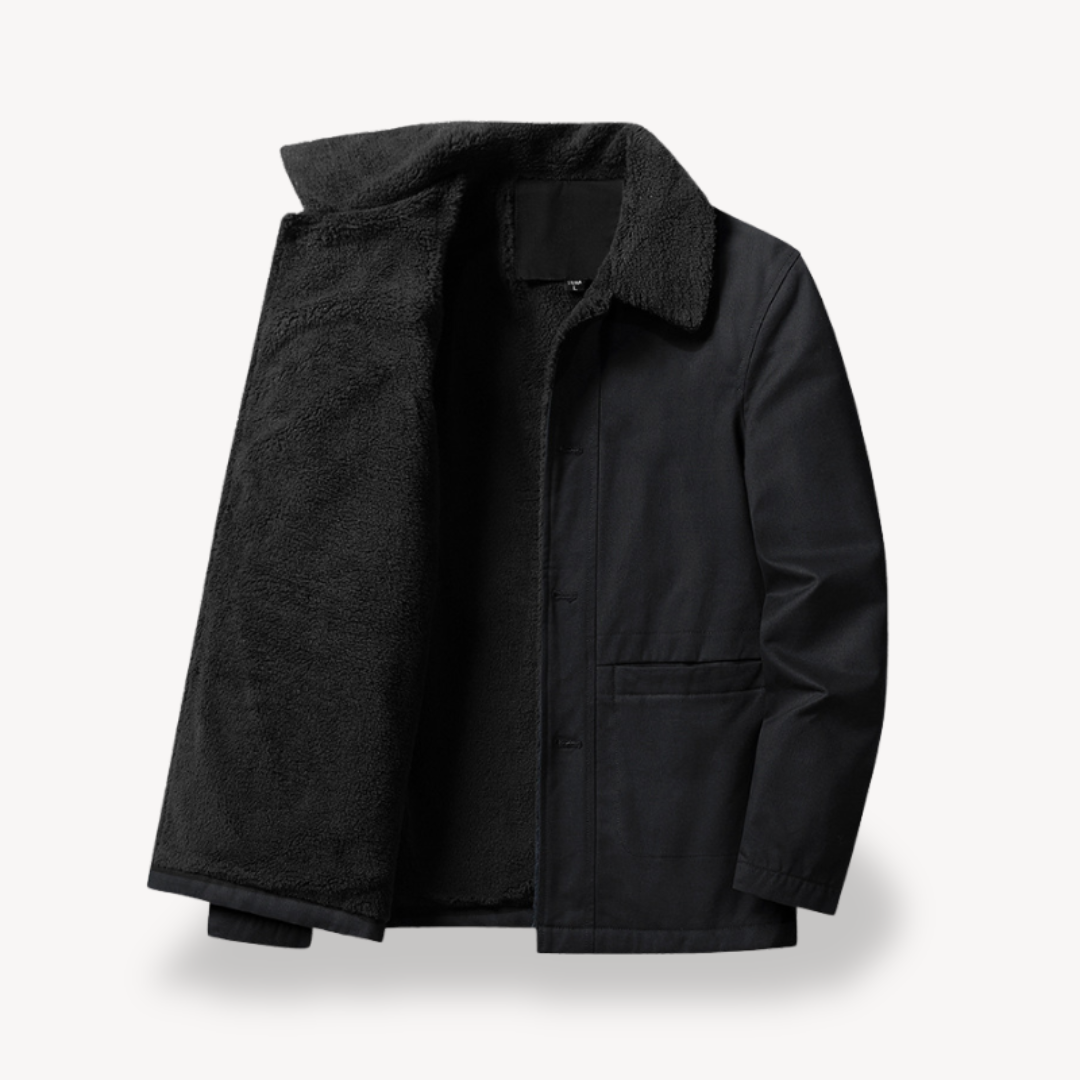 "Men's camel sherpa-lined fleece jacket, stylish winter outerwear with full-zip, wide collar, and side pockets"