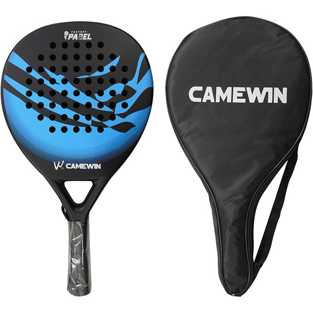 Men's carbon fibre paddle tennis racket with diamond shape, ergonomic grip, and bag; ideal for power and precision.