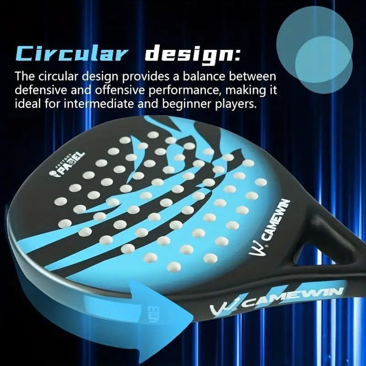 Men's carbon fibre paddle tennis racket with diamond shape, ergonomic grip, and bag; ideal for power and precision.
