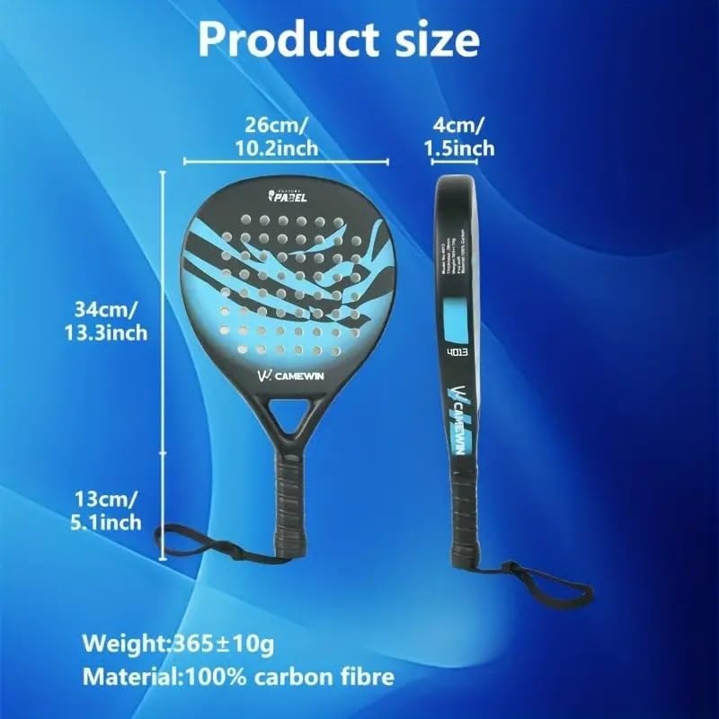 Men's carbon fibre paddle tennis racket with diamond shape, ergonomic grip, and bag; ideal for power and precision.