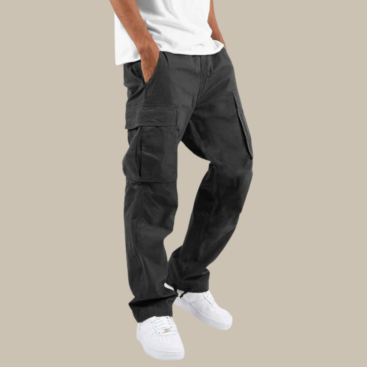 Men's cargo pants with stretch fabric, multiple pockets; comfortable fit, durable with zipper, button closure in khaki color.
