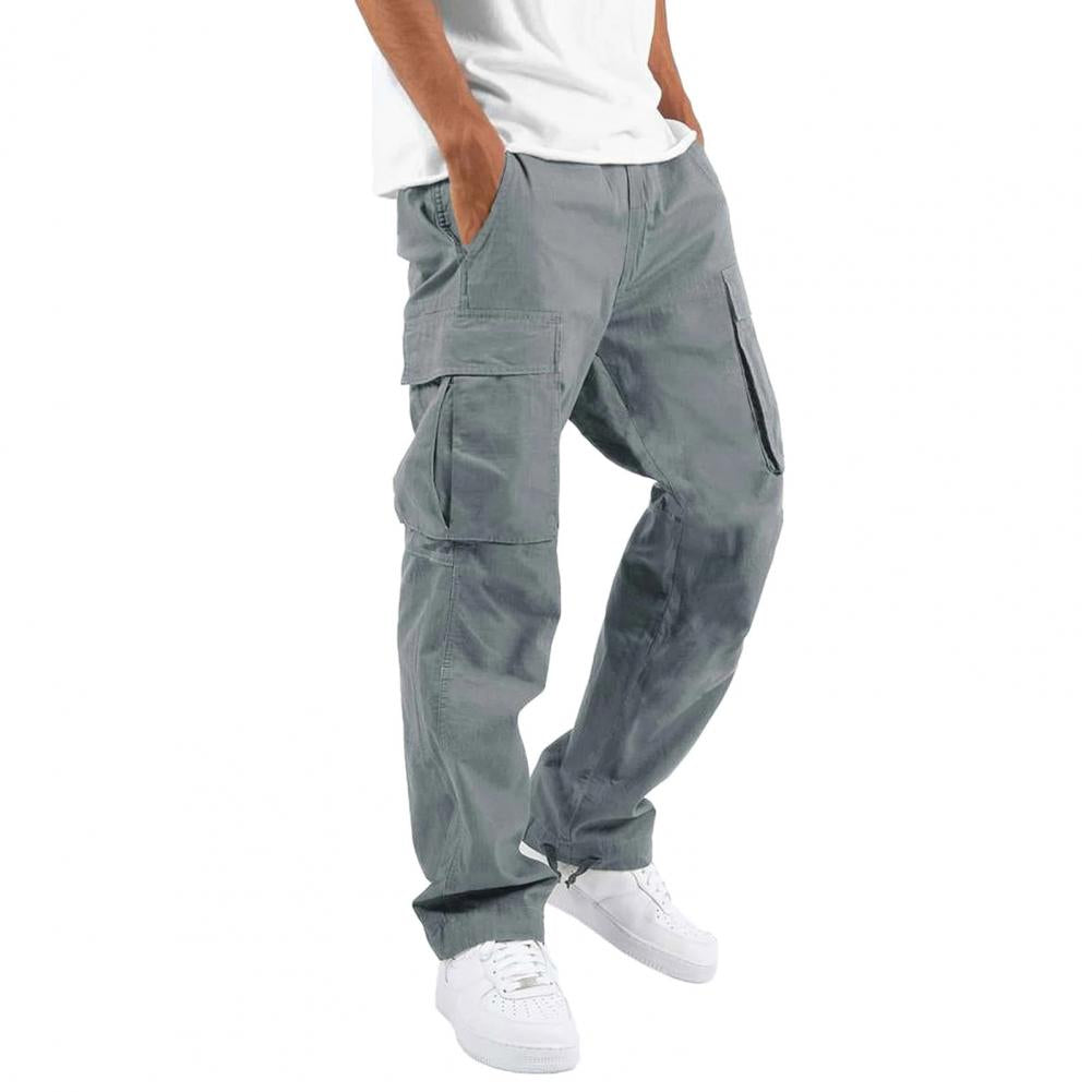 Men's cargo pants with stretch fabric, multiple pockets; comfortable fit, durable with zipper, button closure in khaki color.