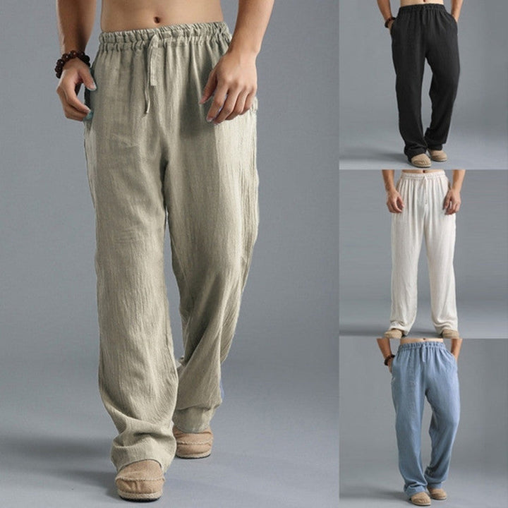 Men's casual comfort fit linen trousers, relaxed style in multiple colors, breathable fabric perfect for warm weather.