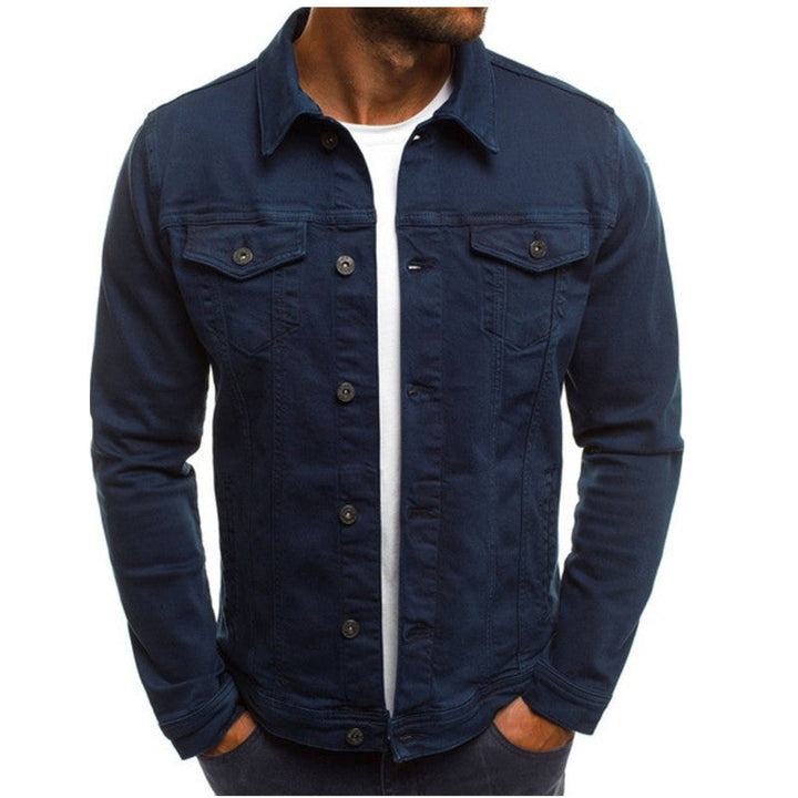 "Men's casual denim jacket with multi-pocket design, stylish fit, blue wash, showcasing front view and rugged texture."
